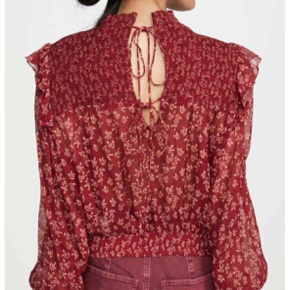 FREE PEOPLE Red Berry Roma Boho Floral Smocked Long Sleeve Blouse XS - Picture 3 of 16